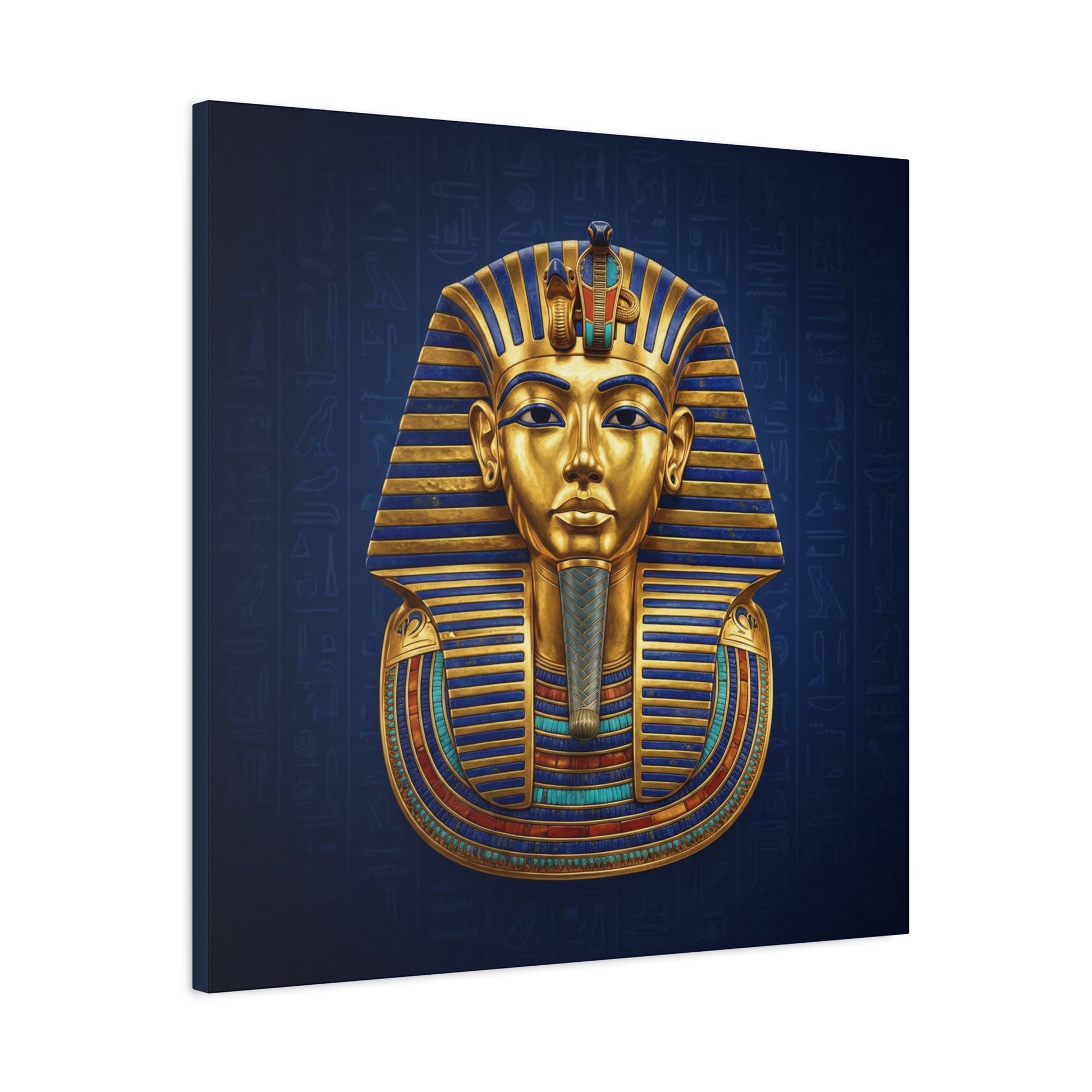 King Tut pharaoh mask canvas in dining room with brass pendant — luxury Egyptian decor