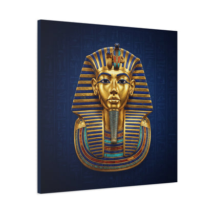 King Tut pharaoh mask canvas in dining room with brass pendant — luxury Egyptian decor