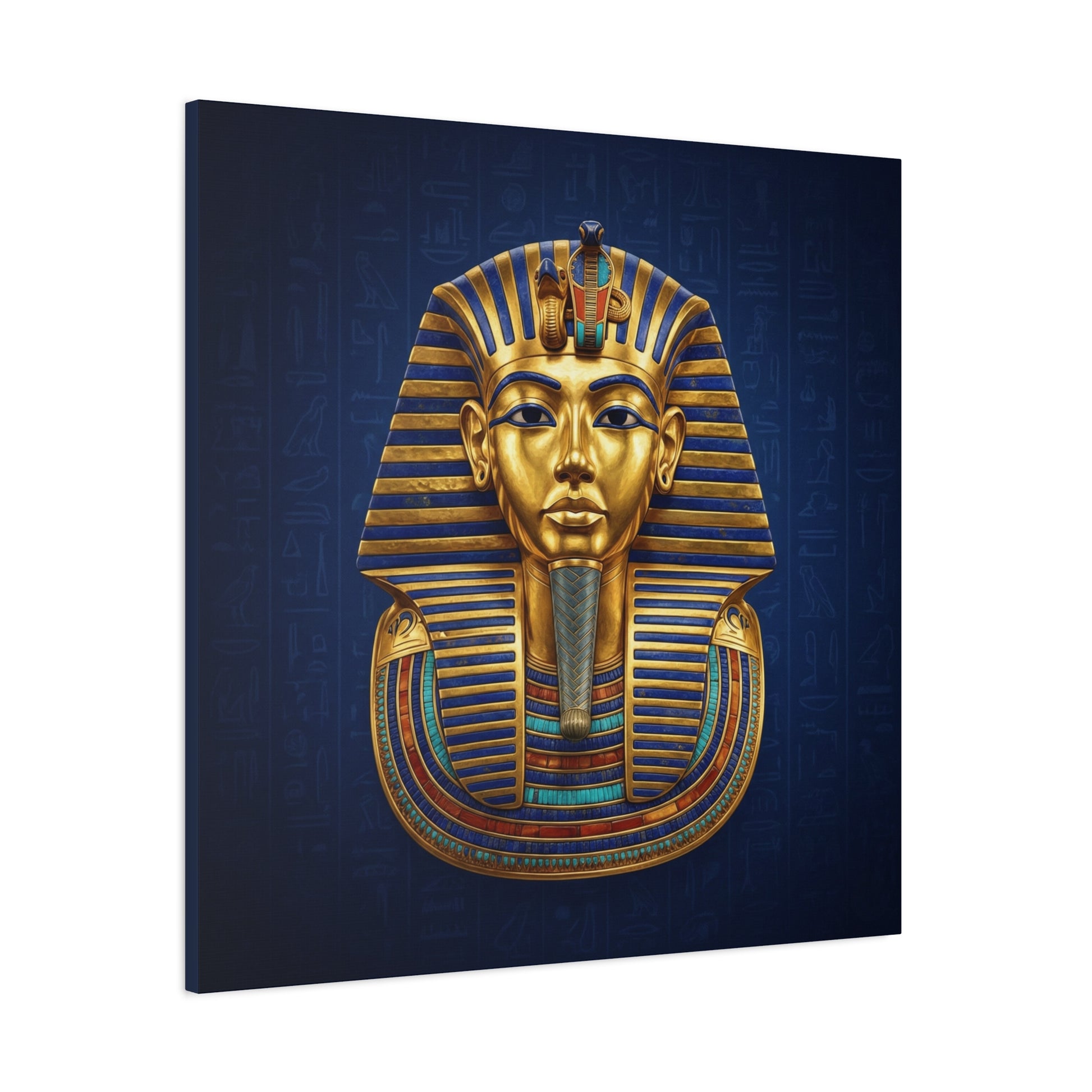 Tutankhamun Egyptian canvas in entryway with brass mirror — luxury statement wall art