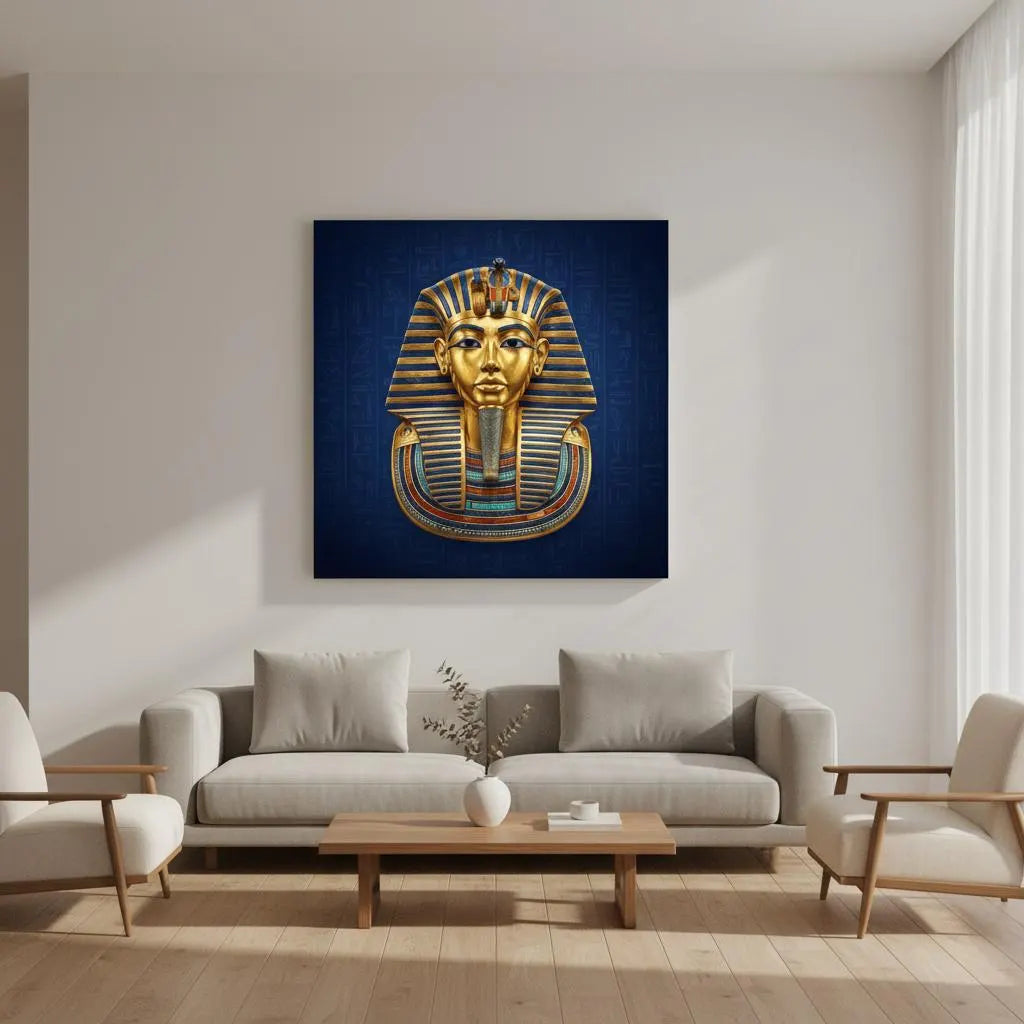 Tutankhamun Egyptian pharaoh mask canvas wall art — luxury living room decor with gold and lapis blue