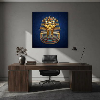 Tutankhamun pharaoh canvas in modern study with oak desk — ancient Egyptian luxury wall art