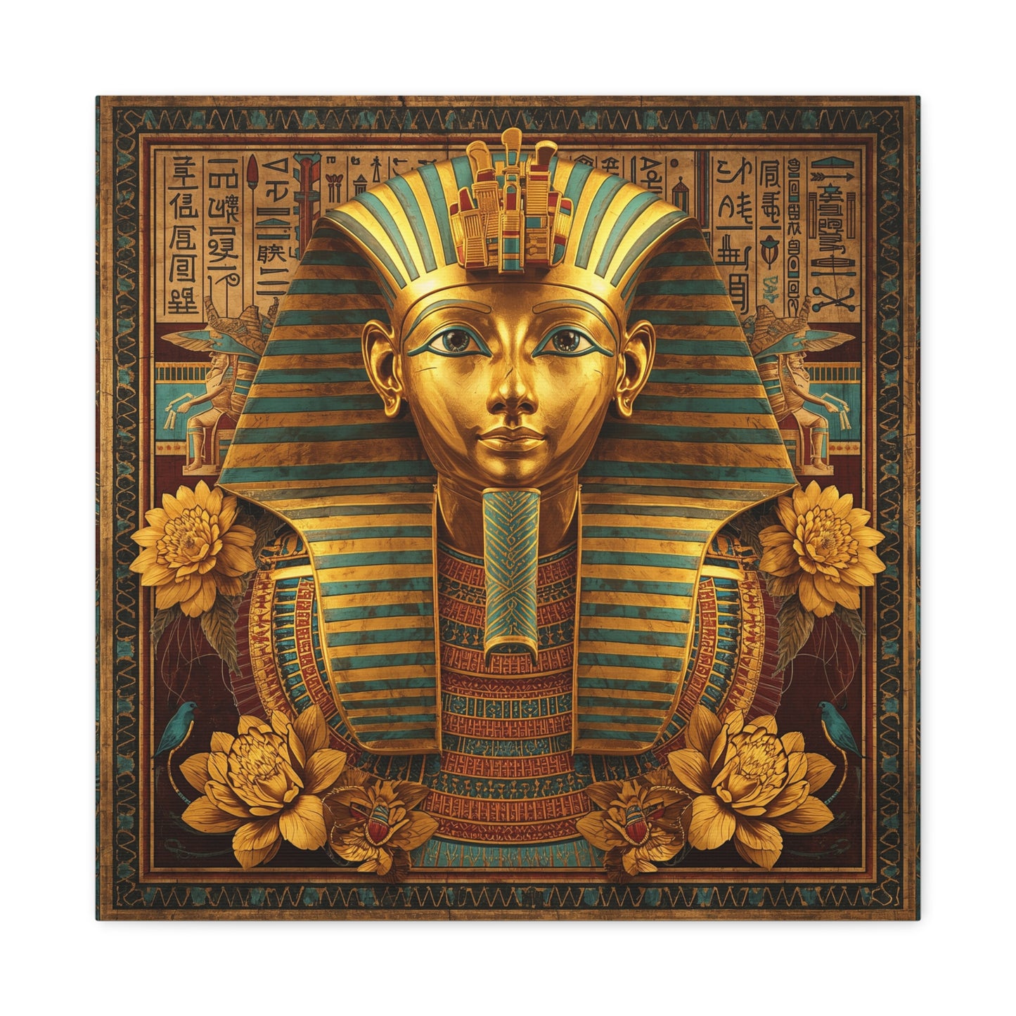 Royal Egyptian pharaoh canvas above leather sofa in luxe living room with brass and walnut accents