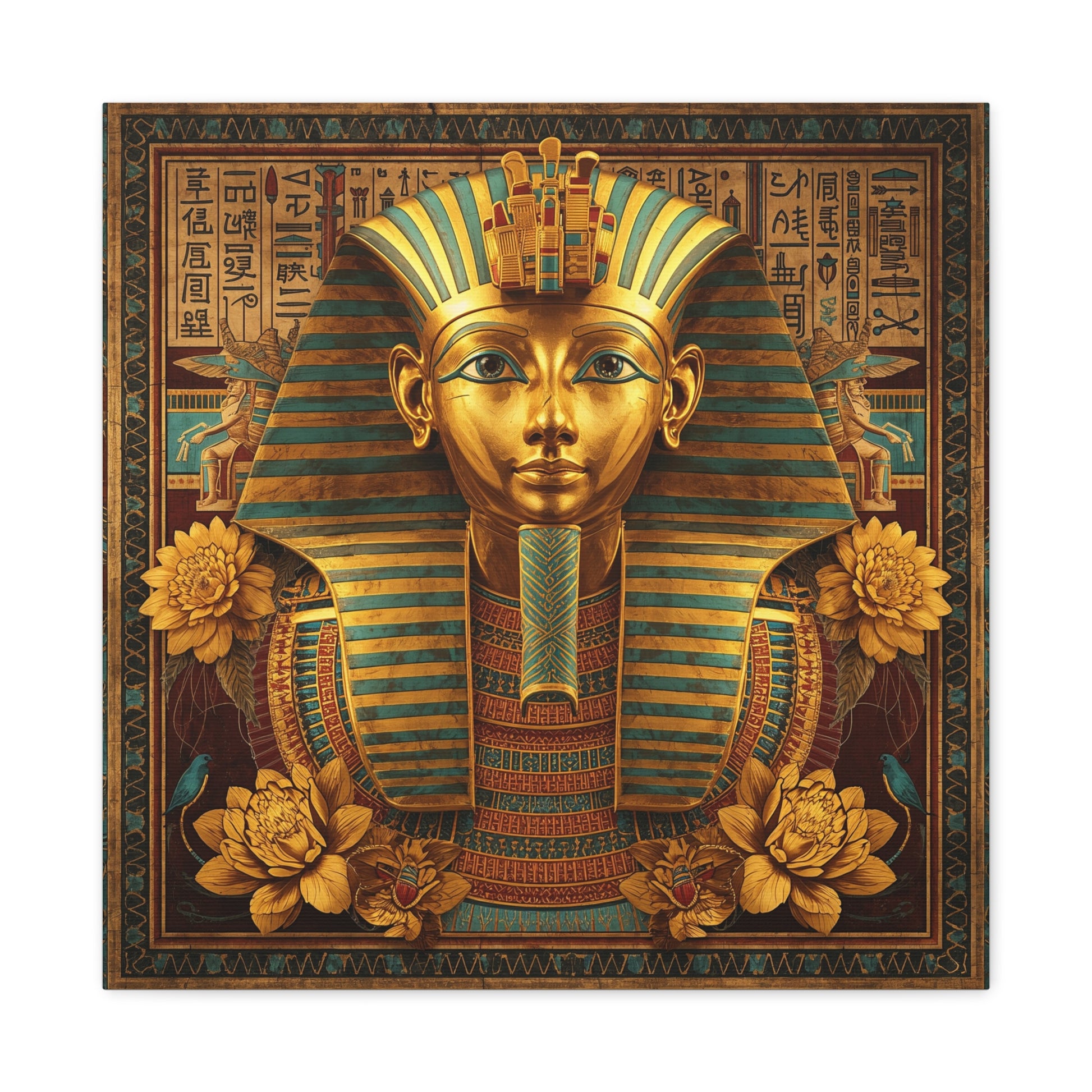 Royal Egyptian pharaoh canvas above leather sofa in luxe living room with brass and walnut accents