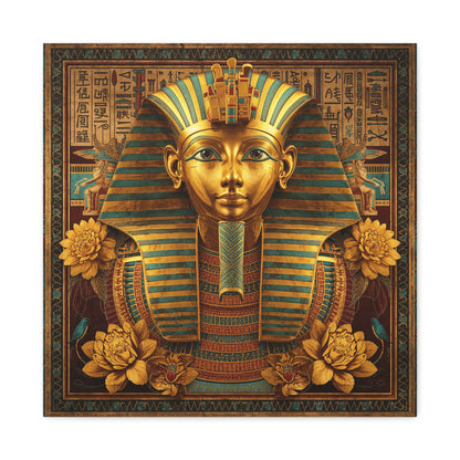 Royal Egyptian pharaoh canvas above leather sofa in luxe living room with brass and walnut accents
