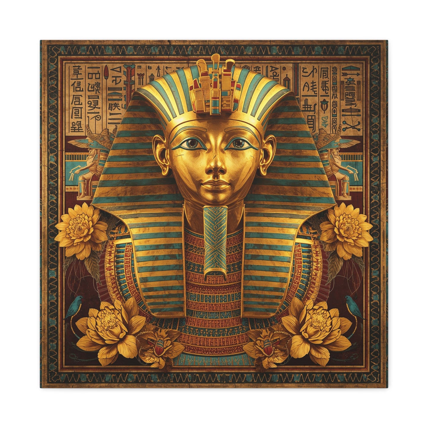 Ceremonial pharaoh Egyptian canvas in modern study with leather chair and museum-style decor