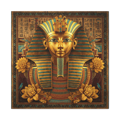 Ceremonial pharaoh Egyptian canvas in modern study with leather chair and museum-style decor