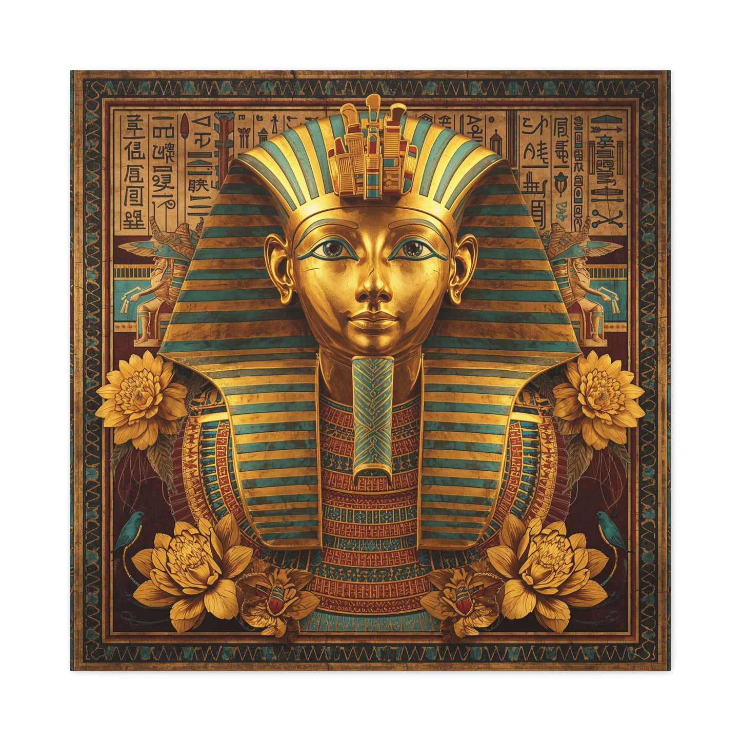 Egyptian pharaoh royal power canvas behind oak desk in masculine executive office
