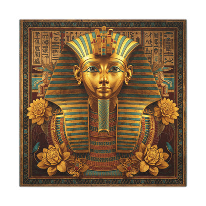 Egyptian pharaoh royal power canvas behind oak desk in masculine executive office