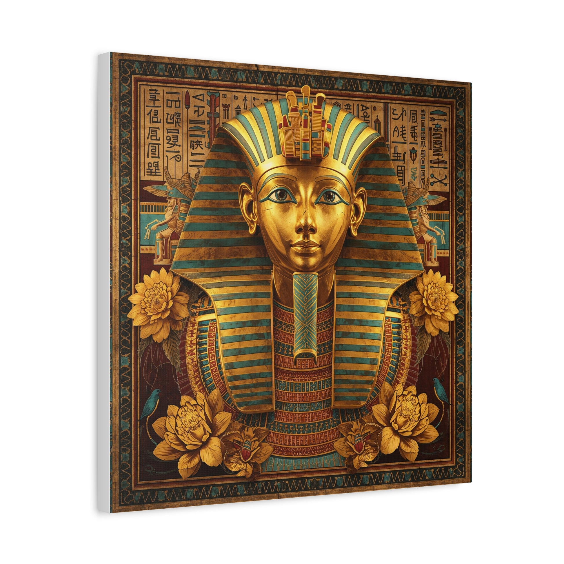 Royal Egyptian pharaoh canvas in modern entryway with brass console — museum-quality decor